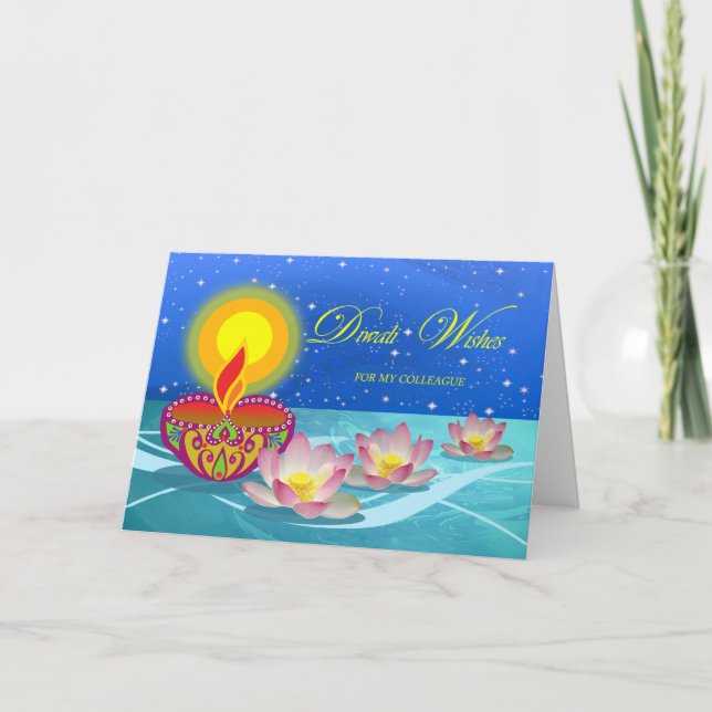 Carte Diwali souhaite à Colleague, Lampe Diya avec Lotus (Devant)