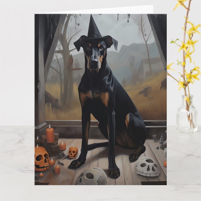 Carte Doberman Citrouille Halloween effroi (Fleur jaune)