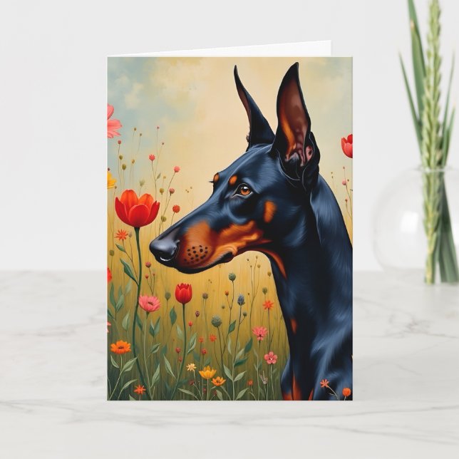 Carte Doberman dans un champ de fleurs (Devant)