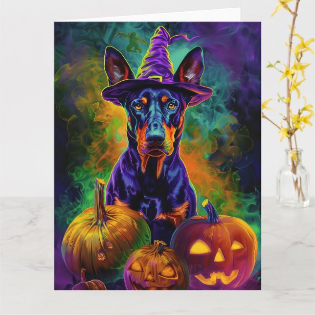 Carte Doberman Spooky Chien Halloween Sorcière Et Citrou (Fleur jaune)