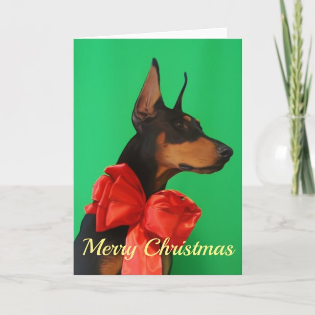 Carte Dobermann Potrait avec l'arc rouge de Noël (Devant)