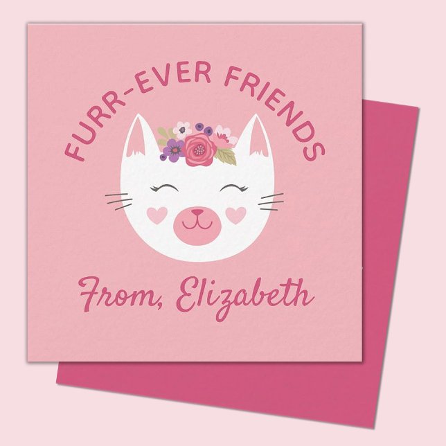 Carte d'observation de jour pour enfants Kitty Fac (A cute pink kitty face valentines day mini 2.5x2.5 card. Perfect for a kids classroom exchange.)