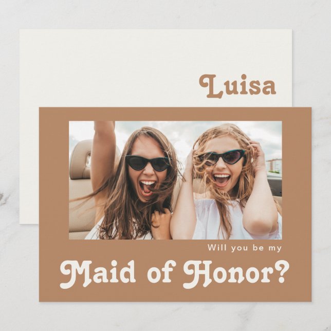 Carte d'offre Retro Brown Photo Maid of Honor (Devant / Derrière)