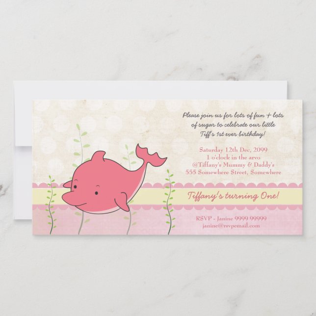 Carte Dolphin rose Baby Girls 1er anniversaire Invitatio (Devant)