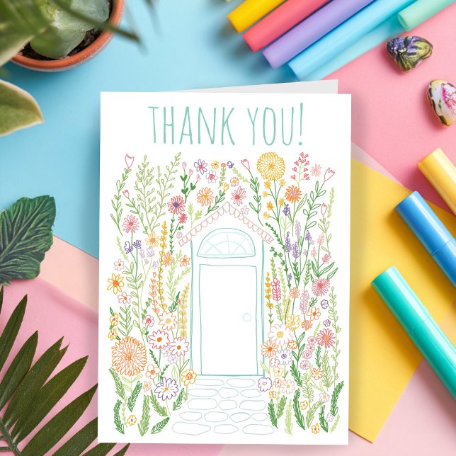 Carte Doodé couleur Merci Sweet Garden Door (THANK YOU Sweet Garden Door Flowers Cute Colorful Doodle Greeting Card
)