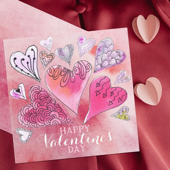 Carte Doodle romantique Aquarelle Coeurs Saint-Valentin (Créateur téléchargé)