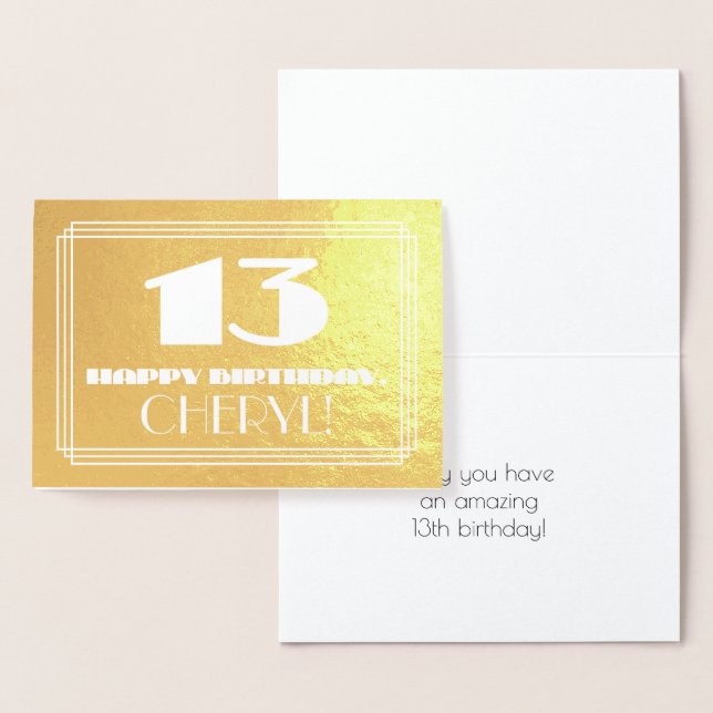 Carte Dorée 13ème anniversaire : Nom + Art Déco Inspiré Look " (Affichage)