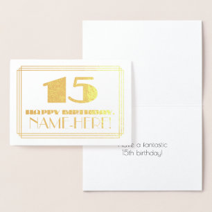 Carte Dorée 15e anniversaire ; nom + Art Déco Inspiré Look "15