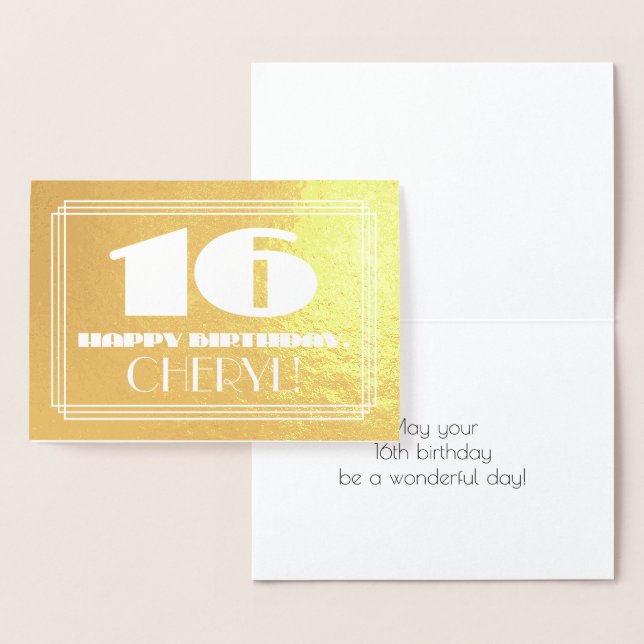 Carte Dorée 16ème anniversaire : Nom + Art Déco Inspiré Look " (Affichage)