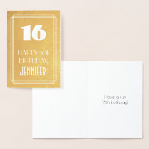 Carte Dorée 16ème anniversaire ~ Style Art Déco "16" & Nom per
