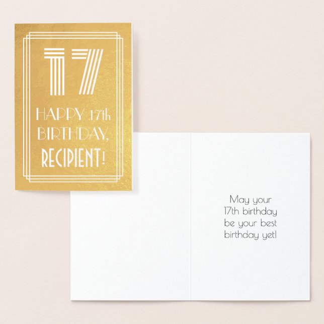 Carte Dorée 17e anniversaire - Art Déco Inspiré Look "17" + No (Affichage)