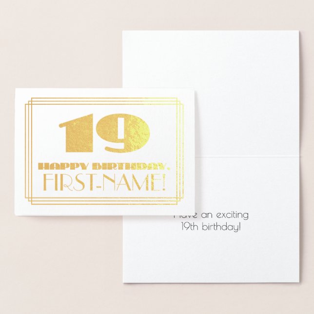 Carte Dorée 19e anniversaire ; nom + Art Déco Inspiré Look "19 (Affichage)