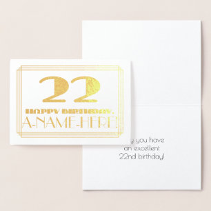 Carte Dorée 22e anniversaire ; nom + Art Déco Inspiré Look "22