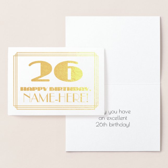 Carte Dorée 26e anniversaire ; nom + Art Déco Inspiré Look "26 (Affichage)
