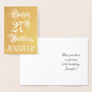 Carte Dorée 27e anniversaire : écriture élégante et ornée ; no