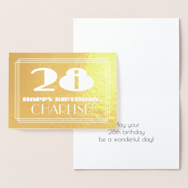 Carte Dorée 28e anniversaire : Nom + Art Déco Inspiré Look "28 (Affichage)