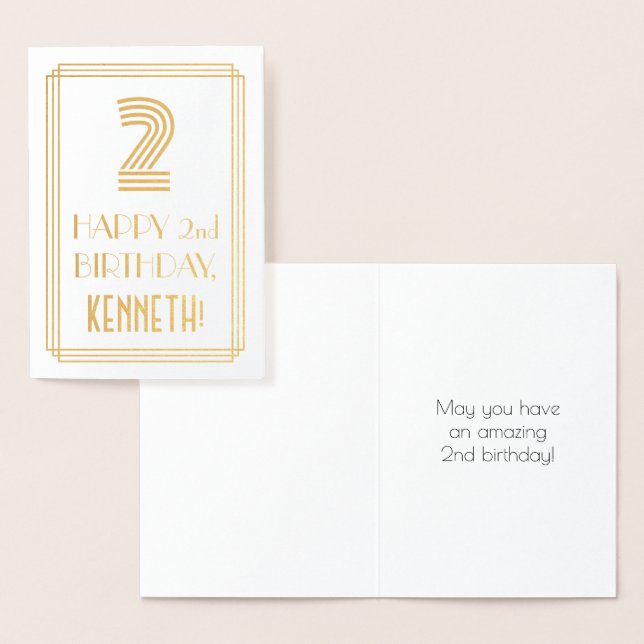 Carte Dorée 2e anniversaire - Art Déco Inspiré Look "2" & Nom (Affichage)