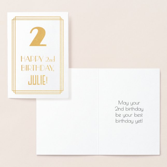 Carte Dorée 2e anniversaire : Art Déco Inspiré Look "2" & Nom (Affichage)