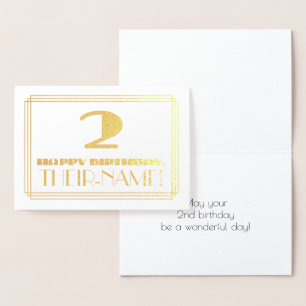 Carte Dorée 2e anniversaire ; nom + look Art Déco inspiré "2"
