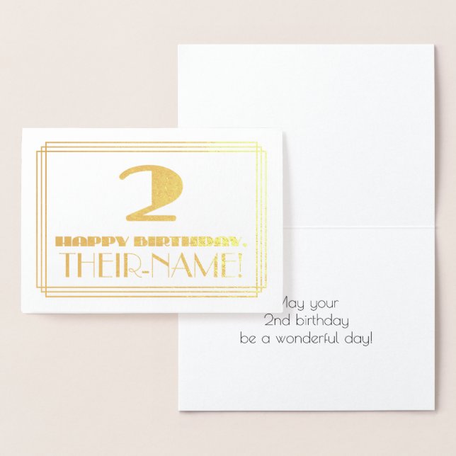 Carte Dorée 2e anniversaire ; nom + look Art Déco inspiré "2" (Affichage)