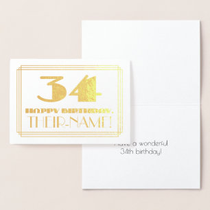 Carte Dorée 34ème anniversaire ; nom + Art Déco Inspiré Look "