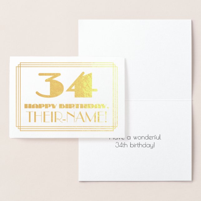 Carte Dorée 34ème anniversaire ; nom + Art Déco Inspiré Look " (Affichage)