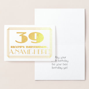 Carte Dorée 39e anniversaire ; nom + Art Déco Inspiré Look "39