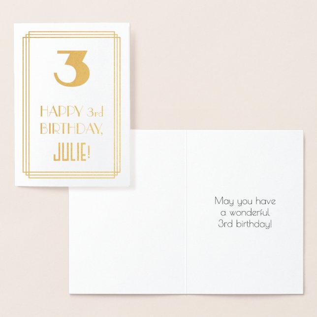 Carte Dorée 3e anniversaire : Art Déco Inspiré Look "3" & Nom (Affichage)