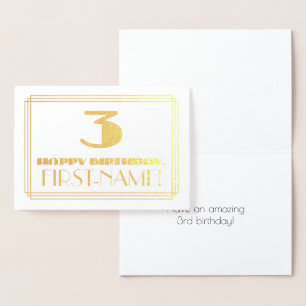 Carte Dorée 3e anniversaire ; nom + Art Déco Inspiré Look "3"