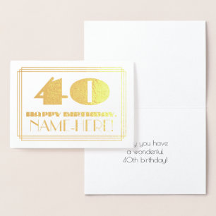 Carte Dorée 40e anniversaire ; nom + Art Déco Inspiré Look "40