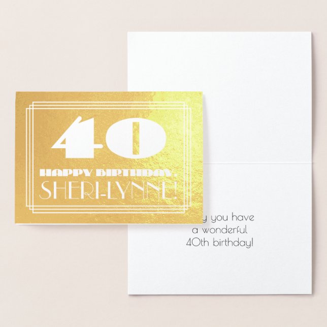 Carte Dorée 40e anniversaire : Nom + Art Déco Inspiré Look "40 (Affichage)