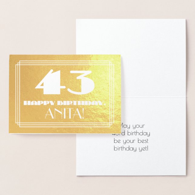 Carte Dorée 43ème anniversaire : Nom + Art Déco Inspiré Look " (Affichage)