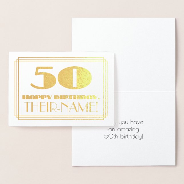 Carte Dorée 50e anniversaire ; nom + Art Déco Inspiré Look "50 (Affichage)