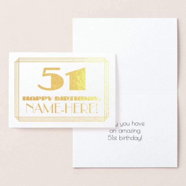 Carte Dorée 51e anniversaire ; nom + Art Déco Inspiré Look "51 (Affichage)