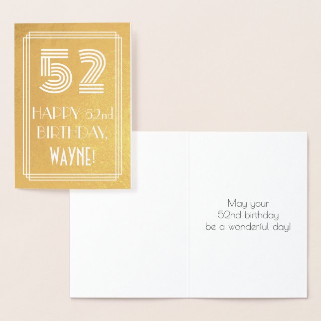 Carte Dorée 52e anniversaire - Art Déco Inspiré Look "52" + No (Affichage)