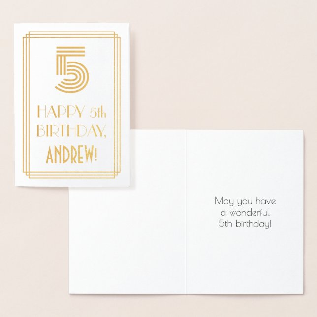 Carte Dorée 5e anniversaire - Art Déco Inspiré Look "5" & Nom (Affichage)