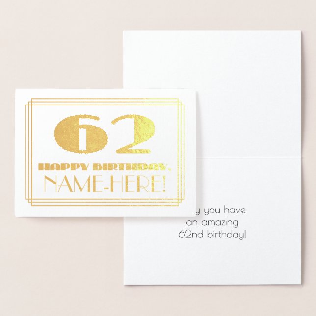 Carte Dorée 62e anniversaire ; nom + Art Déco Inspiré Look "62 (Affichage)