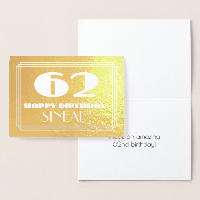Carte Dorée 62e anniversaire : Nom + Art Déco Inspiré Look "62 (Affichage)