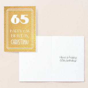 Carte Dorée 65e anniversaire ~ Style Art Déco "65" & Nom perso