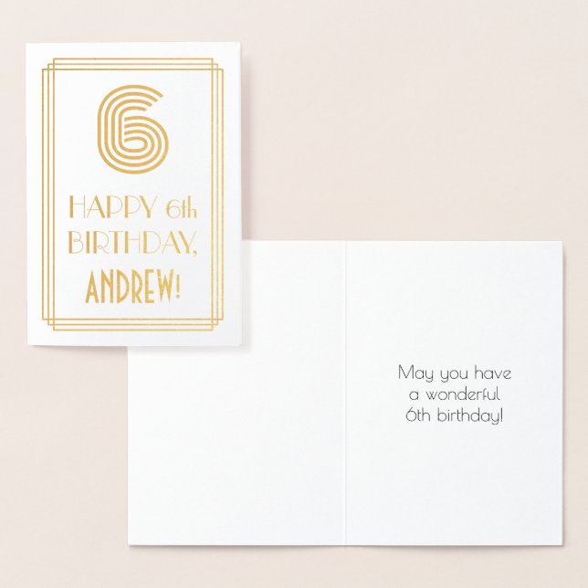 Carte Dorée 6e anniversaire - Art Déco Inspiré Look "6" & Nom (Affichage)