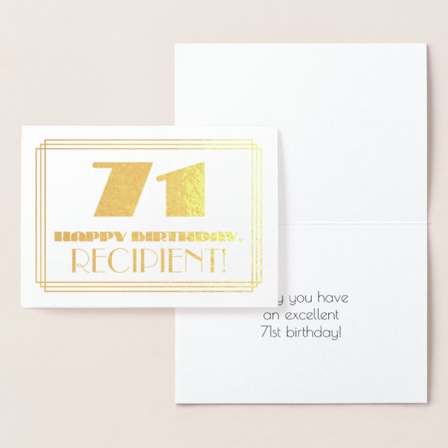 Carte Dorée 71e anniversaire ; nom + Art Déco Inspiré Look "71 (Affichage)