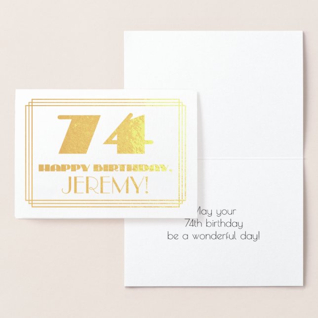 Carte Dorée 74e anniversaire ; nom + Art Déco Inspiré Look "74 (Affichage)