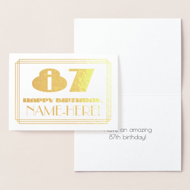 Carte Dorée 87ème anniversaire ; nom + Art Déco Inspiré Look " (Affichage)