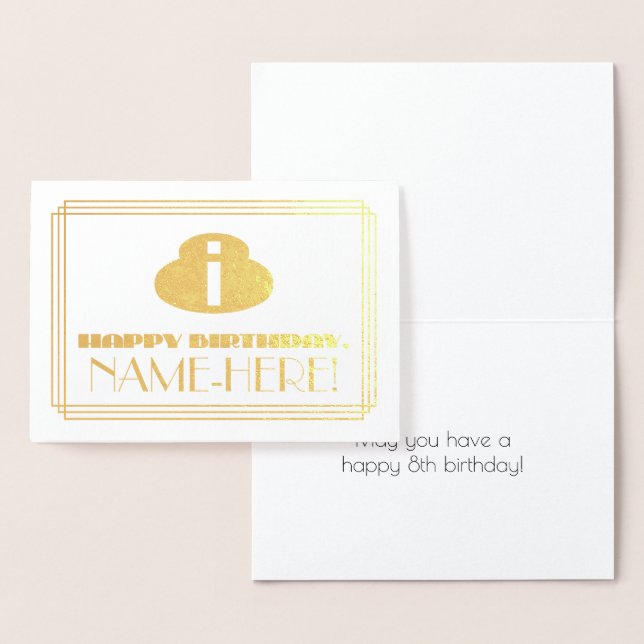 Carte Dorée 8e anniversaire ; nom + Art Déco Inspiré Look "8" (Affichage)