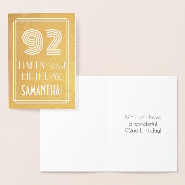 Carte Dorée 92e anniversaire - Art Déco Inspiré Look "92" + No (Affichage)
