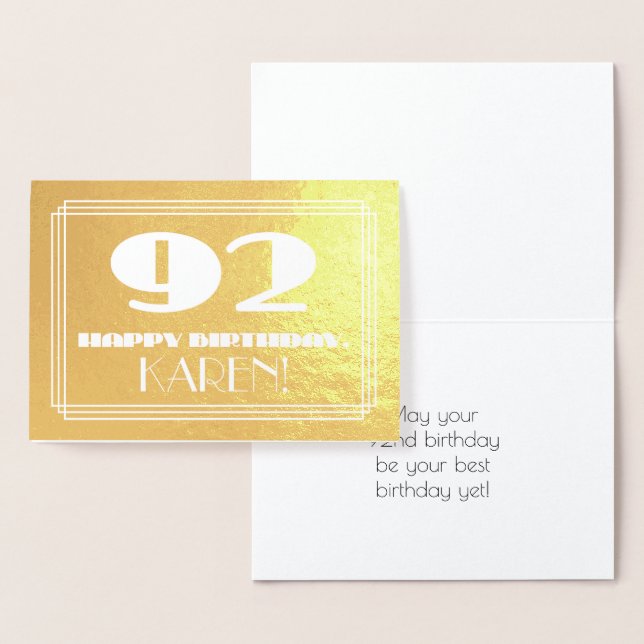 Carte Dorée 92e anniversaire : Nom + Art Déco Inspiré Look "92 (Affichage)