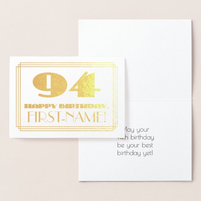 Carte Dorée 94ème anniversaire ; nom + Art Déco Inspiré Look " (Affichage)