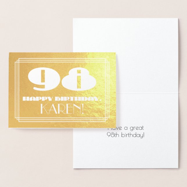 Carte Dorée 98e anniversaire : Nom + Art Déco Inspiré Look "98 (Affichage)