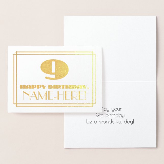 Carte Dorée 9e anniversaire ; nom + Art Déco Inspiré Look "9" (Affichage)