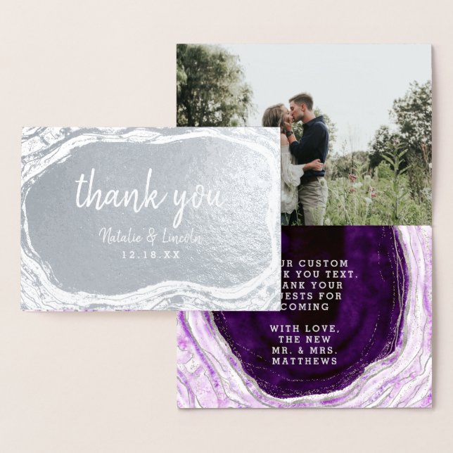 Carte Dorée Amethyst Purple & Silver Merci Photo Mariage (Affichage)